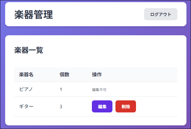 楽器一覧・管理機能